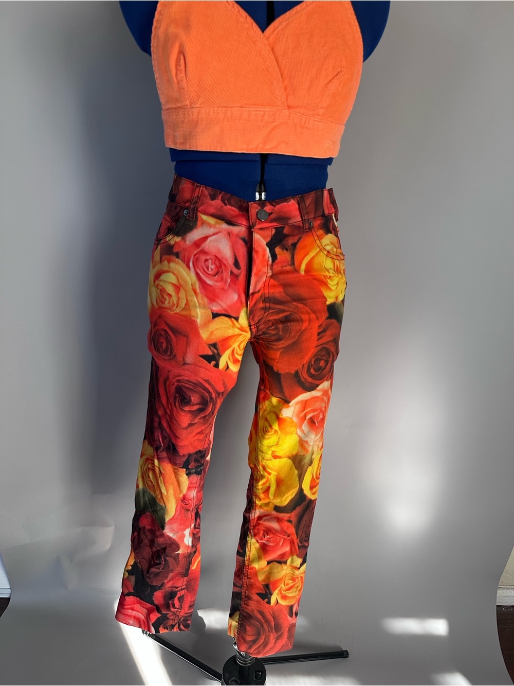 Moschino Rose-Print Jeans in Red, Yellow and Orange